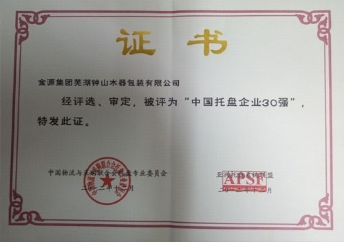 中国托盘30强证书